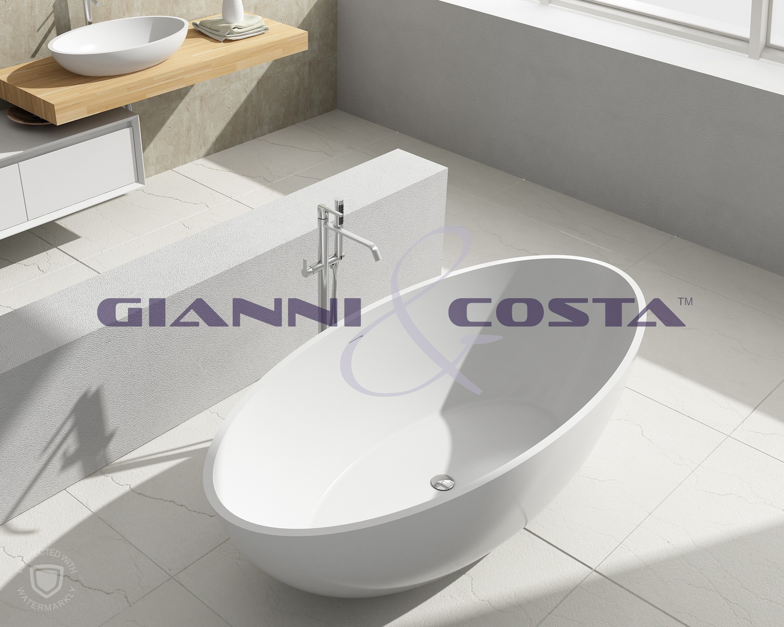 Solid Surface Free Standing Bath Tub - Matt White - Model Isola GC1057 1800mm