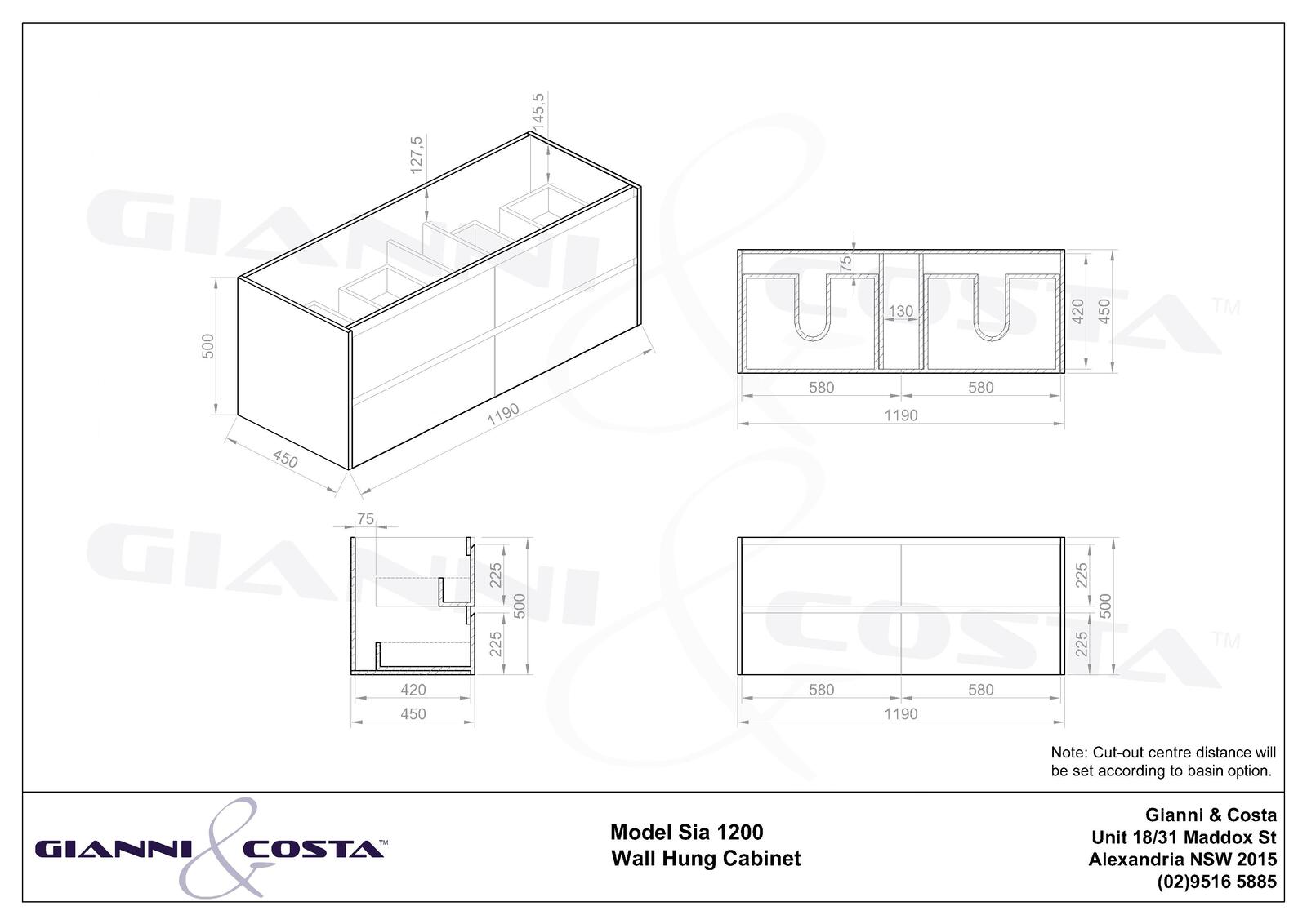 Wall Hung Bathroom Cabinet Model SIA Gloss White 590mm