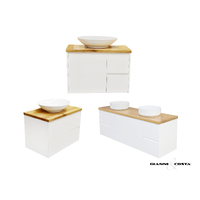 Wall Hung Vanity Cabinet Model HADI Various Colour Options w/ Timber Bench Top, Single or Double Solid Surface Basin & Popup Waste