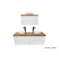 Wall Hung Vanity Cabinet Model SIA Various Colour Options w/ Timber Bench Top, Single or Double Ceramic Basin & Popup Waste