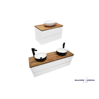 Wall Hung Vanity Cabinet Model SIA Various Colour Options w/ Timber Bench Top, Single or Double Solid Surface Basin & Popup Waste