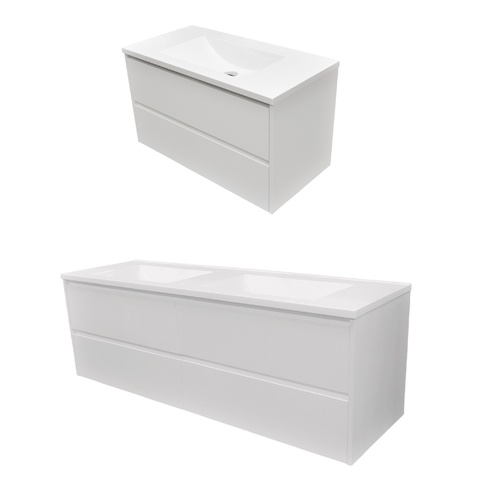 Wall Hung Vanity Model SIA Gloss White 1800mm + Double Polymarble Basin + Black Pop-up Waste