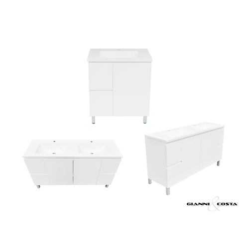 Wall Hung Vanity Cabinet HADI FS Gloss White w/ Polymarble Single Basin 600mm