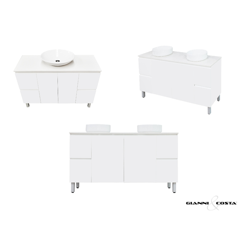 Wall Hung Vanity Cabinet HADI FS Gloss White w/ Alpine White Stone Bench Top & Single Ceramic Basin 600mm