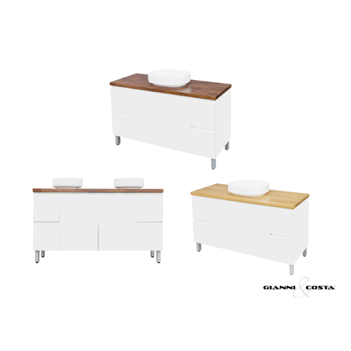 Wall Hung Vanity Cabinet HADI FS Gloss White w/ Walnut Timber Bench Top & Single Solid Surface Basin 600mm