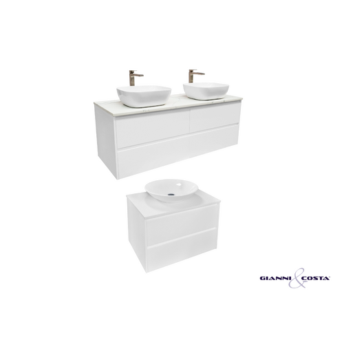 Wall Hung Vanity Cabinet SIA Gloss White w/ Alpine White Stone Top & Single Ceramic Basin 600mm