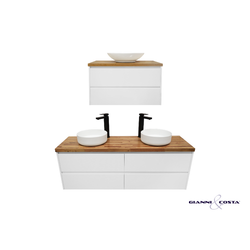 Wall Hung Vanity Cabinet SIA Gloss White w/ Walnut Timber Top & Single Ceramic Basin 600mm