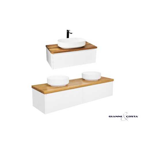 Wall Hung Vanity Cabinet Model SIA SLIM Various Colour Options w/ Timber Bench Top, Single or Double Solid Surface Basin & Popup Waste